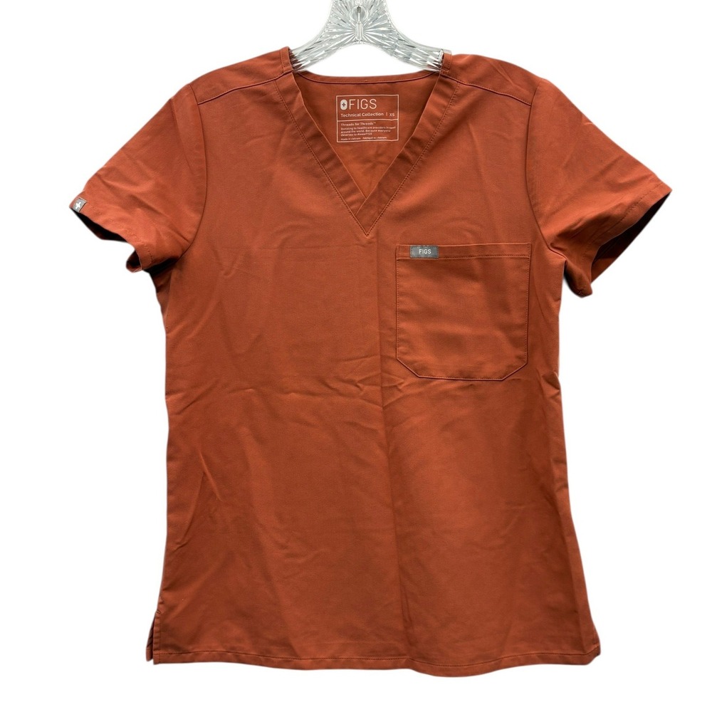 FIGS Catarina Scrub Top Rust Orange Technical Collection Short Sleeve V Neck XS‎